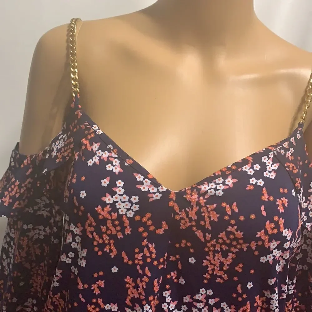 Michael Kors Medium Gold Chain Straps With Cut Out Sleeve V Neck Floral Pattern